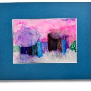 Original Hand Painted Abstract Watercolor “Fog Rolling Into The City” & Blue Mat